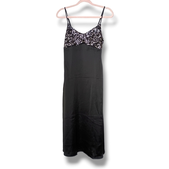 NWT House of Harlow 1960 Sequined Black Satin Slip Dress - Picture 3 of 8